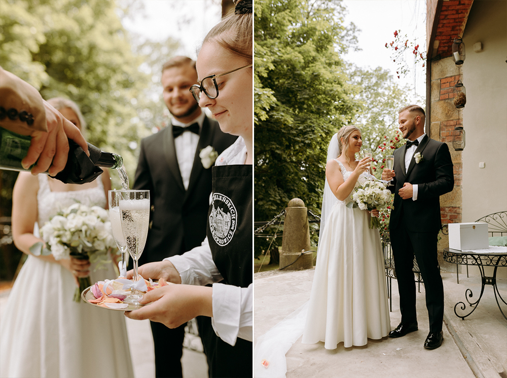 Ślub cywilny w plenerze Pałac Żeleńskich Grodkowice para młoda pije szampana na tarasie