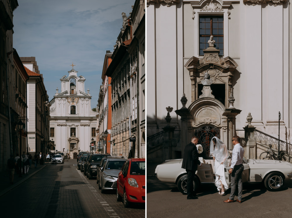 Para Młoda wychodzi z zabytkowego auta w Krakowie, obok kościoła. Fotograf ślubny Kraków.