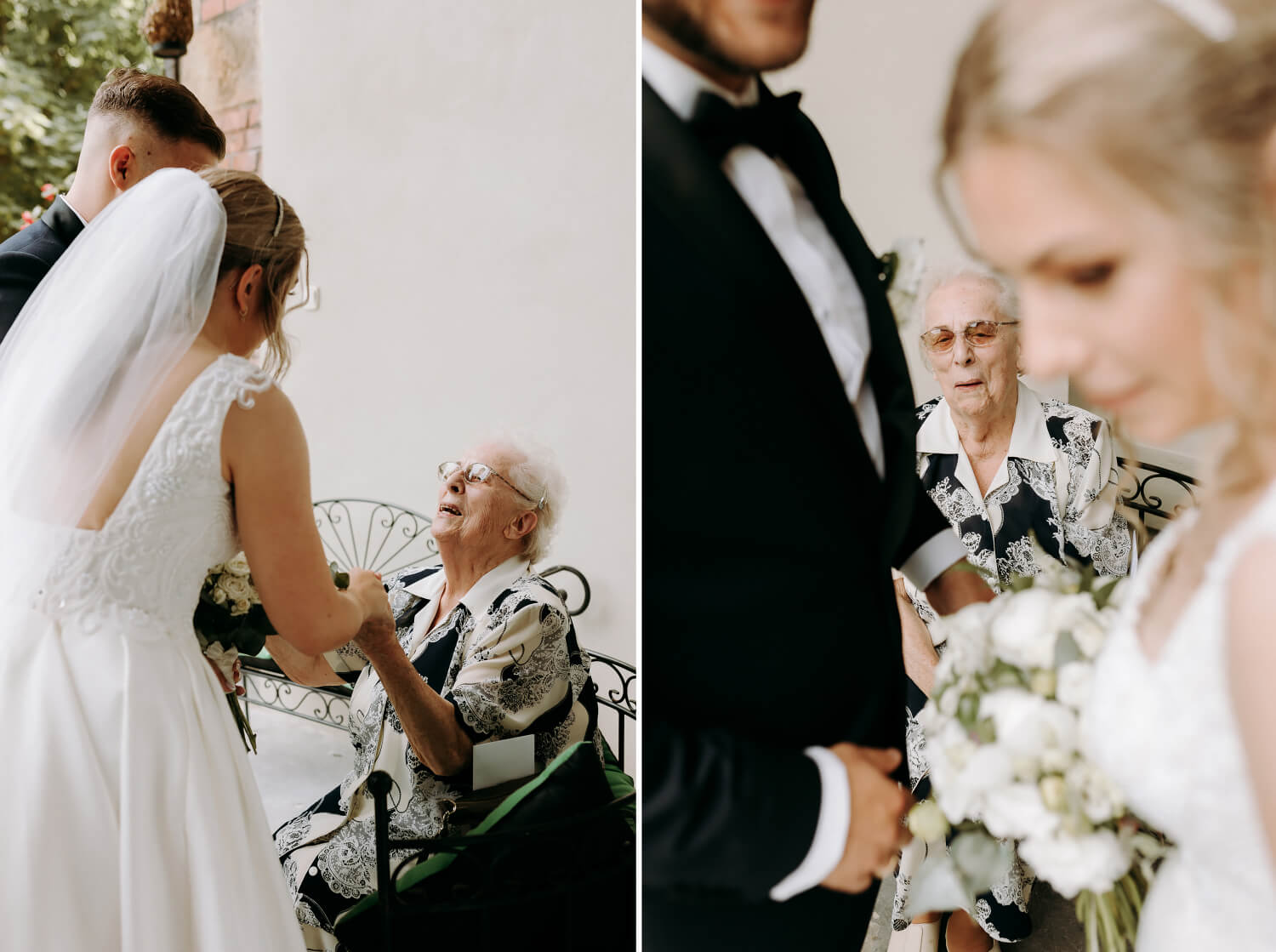 Wzruszona babcia patrzy na pannę młodą w sukni ślubnej, wzruszający moment.