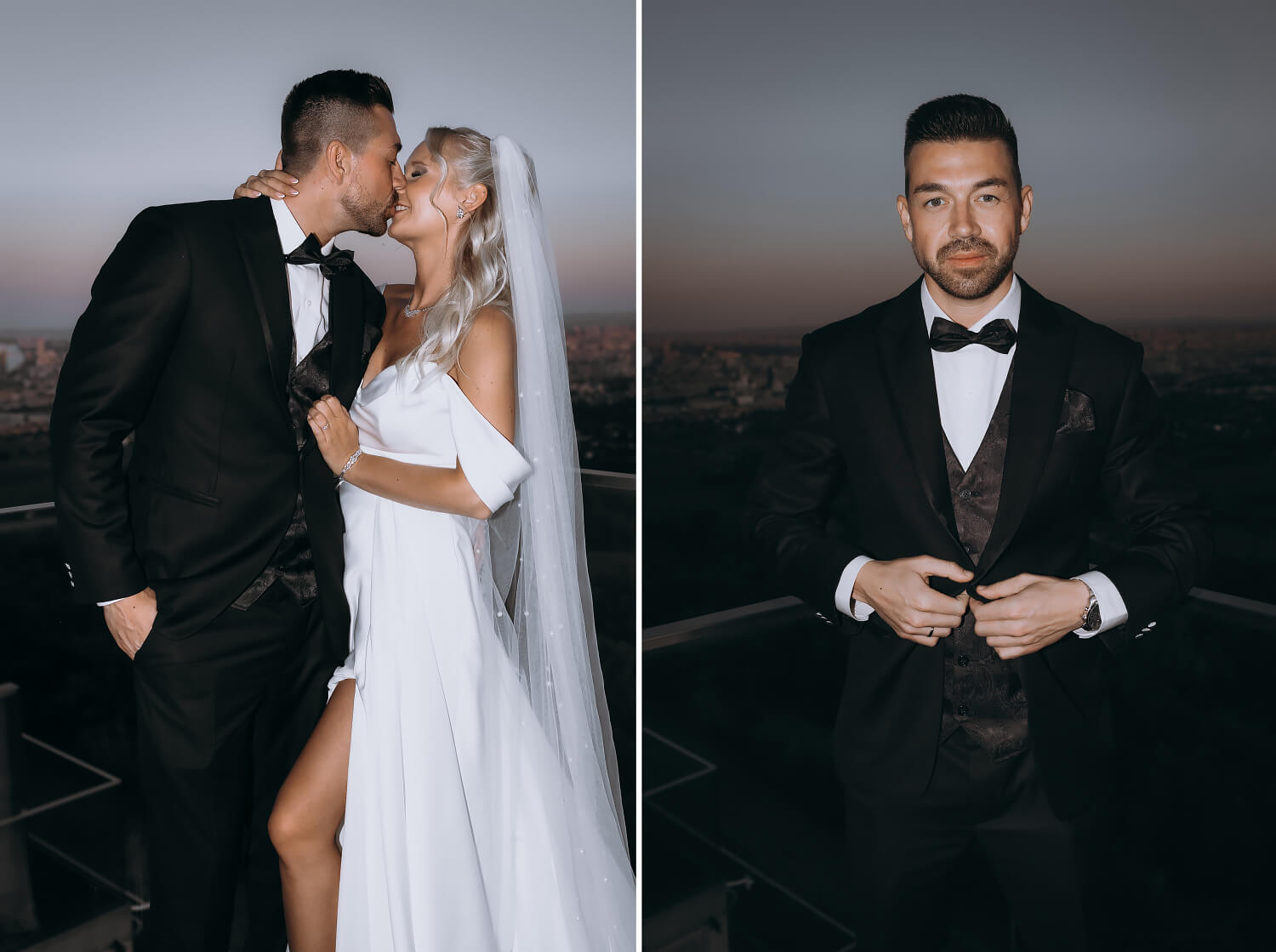 Para młoda w Wiedniu podczas pocałunku na tle panoramy miasta. Elegancki portret pana młodego.
