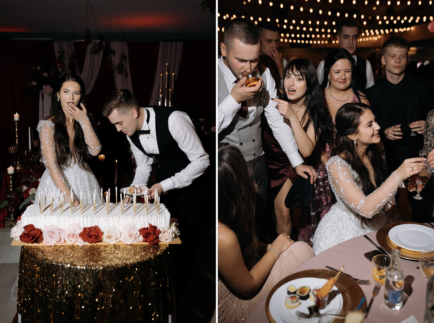 Para młoda kroi tort weselny, goście świętują. Dekoracje kwiatowe i świece.