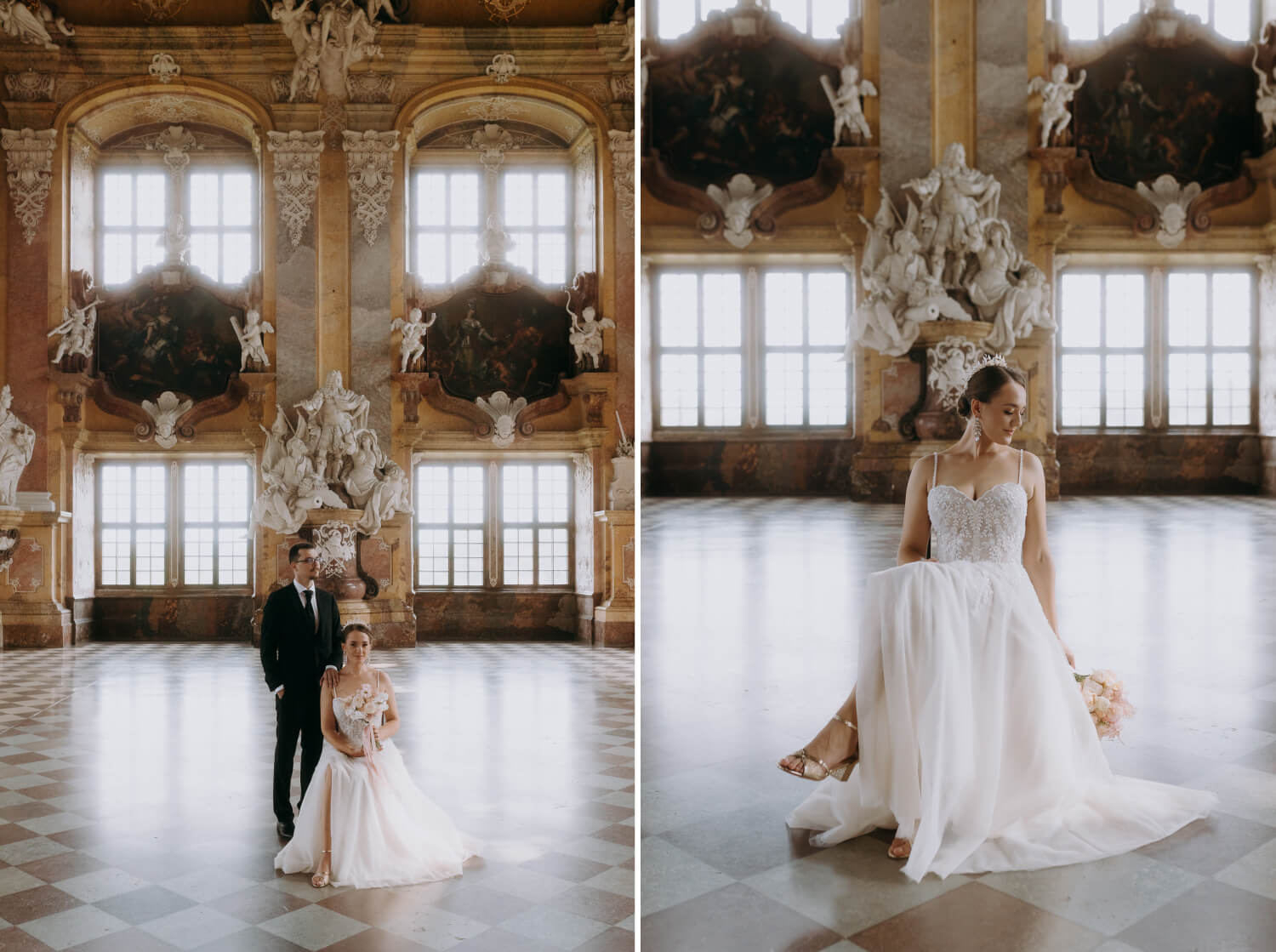 Sesja ślubna w pałacu w Lubiążu: para w eleganckich strojach na tle bogato zdobionych wnętrz.